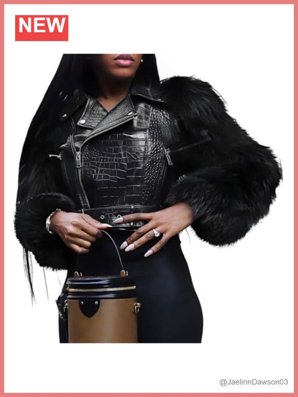 Faux Leather Cropped Moto Jacket Faux Fur Sleeves Women's Biker